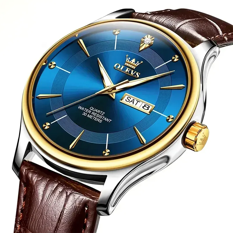 Olevs Blue Dial Classic Brown Leather Men's Watch- 9908